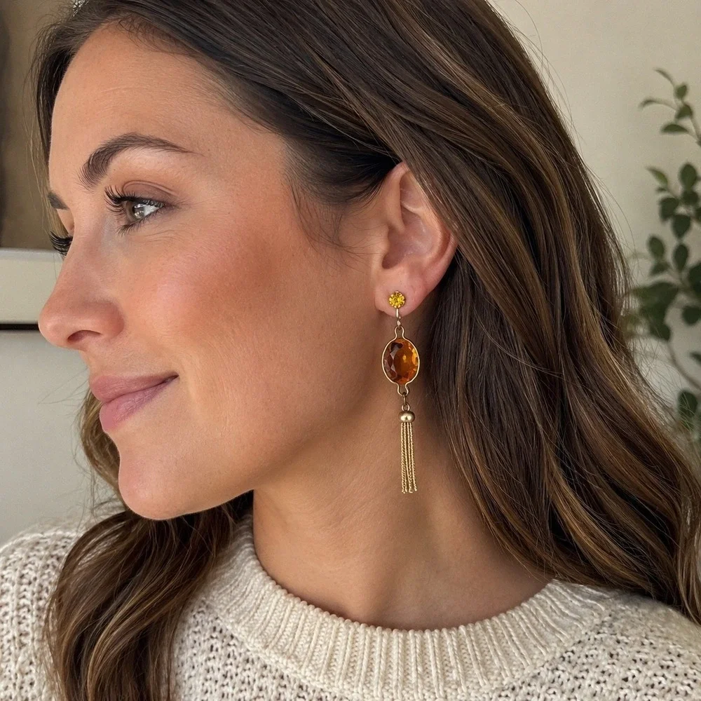 Vintage Amber Glass Tassel‎ Dangle Earrings Gold Tone Screw Back Art Deco Style